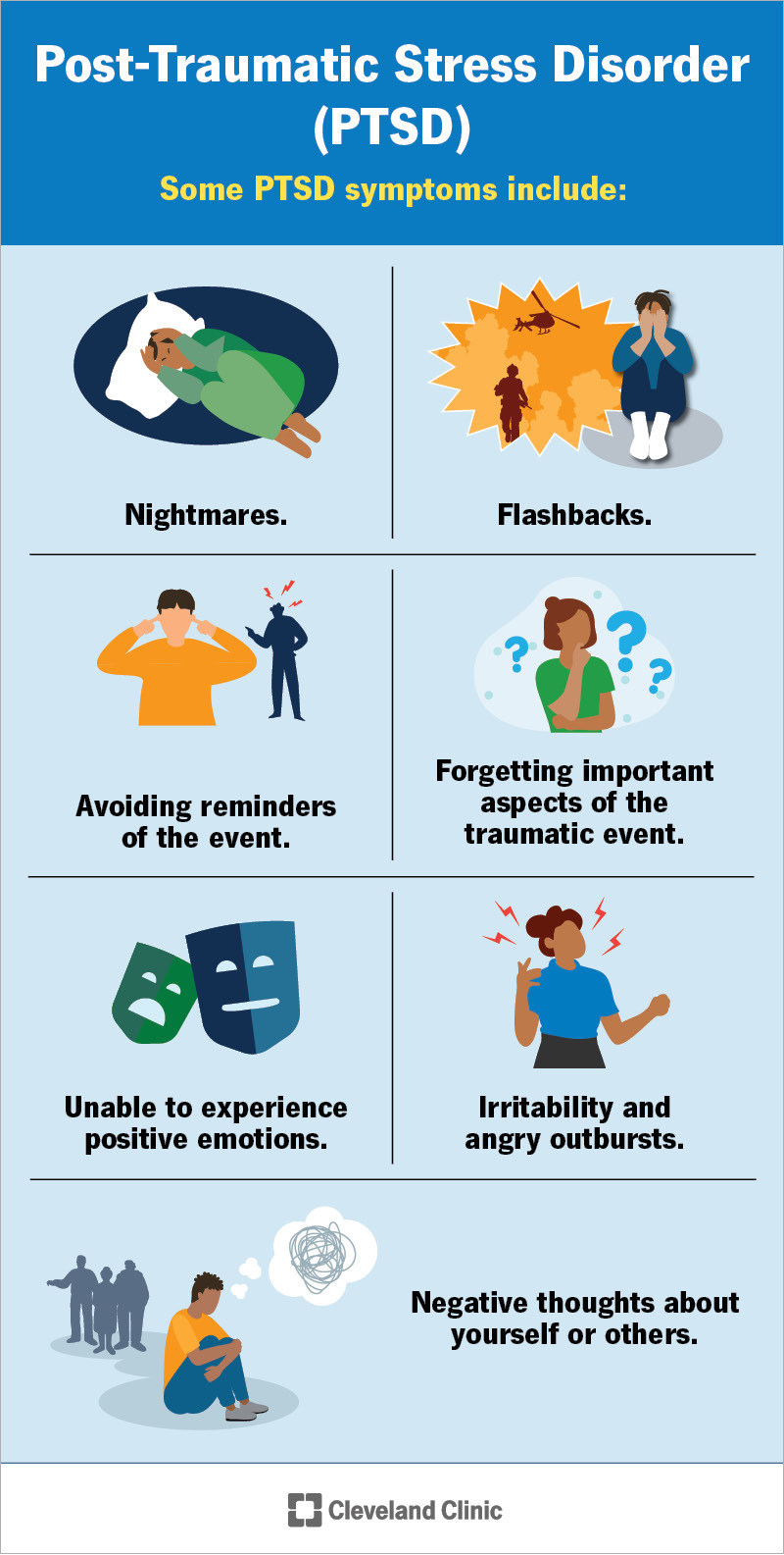 Các triệu chứng của PTSD bao gồm ác mộng, hồi tưởng, dễ cáu gắt, bùng nổ cơn giận và nhiều hơn nữa.