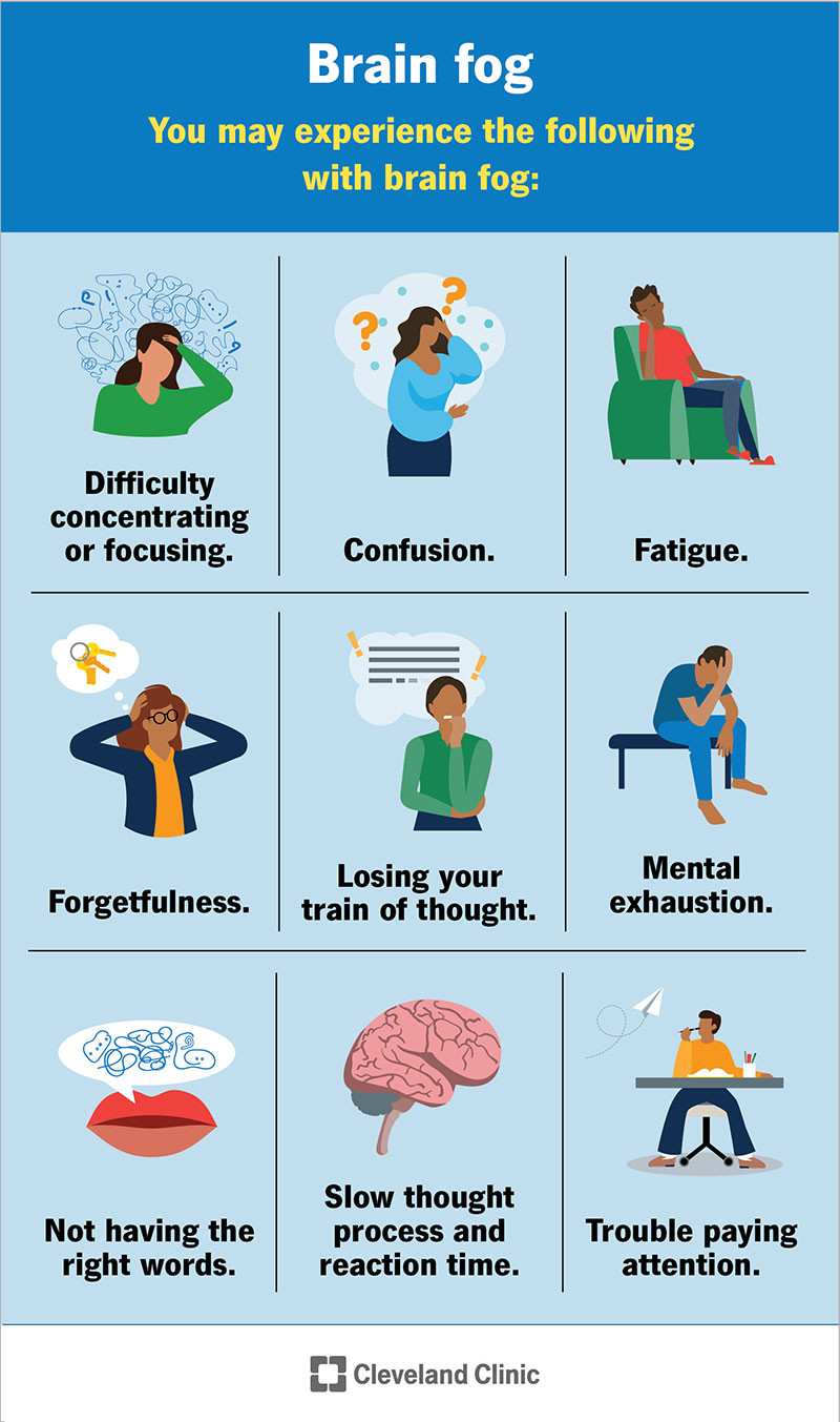 Hình ảnh thể hiện chín triệu chứng phổ biến của brain fog gây suy giảm nhận thức